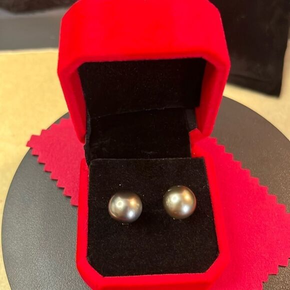 Tahitian Pearl in Vermeil Yellow Gold over 925 Silver Stud Earrings 8-9mm - Picture 1 of 12